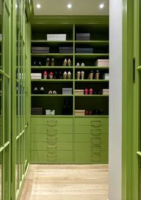 Г-образная гардеробная комната в зеленом цвете Петропавловск