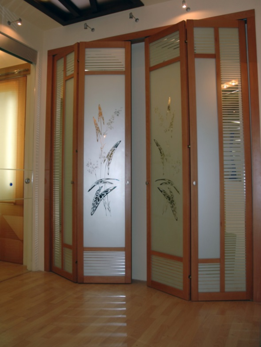 Широкие двери гармошка с матовым стеклом и рисунком Петропавловск